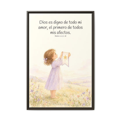 Dios es digno de todo mi amor — Lienzo Cristiano Enmarcado | Mateo 22:37-38 — 24×36 pulgadas, marco espresso, vista frontal