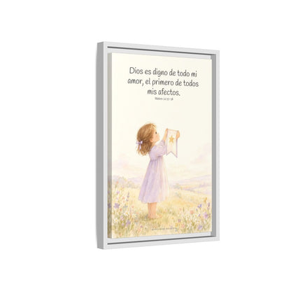 Dios es digno de todo mi amor — Lienzo Cristiano Enmarcado | Mateo 22:37-38 — 12×18 pulgadas, marco blanco, vista lateral del marco flotante