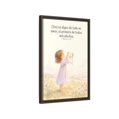 Dios es digno de todo mi amor — Lienzo Cristiano Enmarcado | Mateo 22:37-38 — 16×24 pulgadas, marco espresso, vista lateral del marco flotante