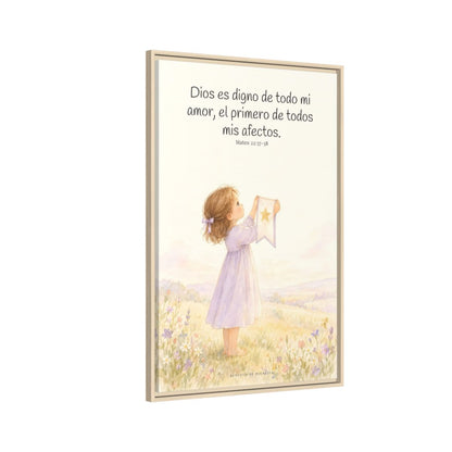 Dios es digno de todo mi amor — Lienzo Cristiano Enmarcado | Mateo 22:37-38 — 24×36 pulgadas, marco natural, vista lateral del marco flotante
