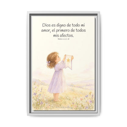 Dios es digno de todo mi amor — Lienzo Cristiano Enmarcado | Mateo 22:37-38 — 12×18 pulgadas, marco blanco, vista frontal