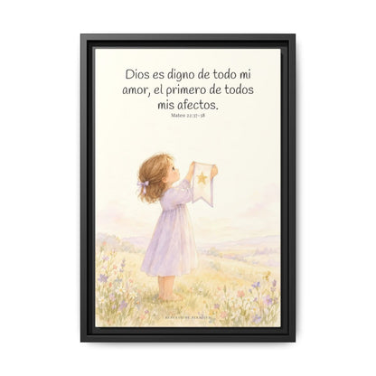 Dios es digno de todo mi amor — Lienzo Cristiano Enmarcado | Mateo 22:37-38 — 12×18 pulgadas, marco negro, vista frontal