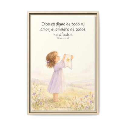 Dios es digno de todo mi amor — Lienzo Cristiano Enmarcado | Mateo 22:37-38 — 16×24 pulgadas, marco natural, vista frontal