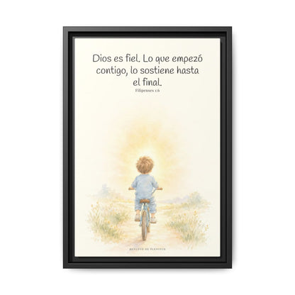 Dios es fiel y no deja a medias lo que promete | Cuadro bíblico para el hogar | Filipenses 1:6 — 12×18 pulgadas, marco negro, vista frontal