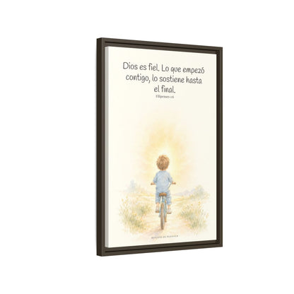 Dios es fiel y no deja a medias lo que promete | Cuadro bíblico para el hogar | Filipenses 1:6 — 16×24 pulgadas, marco espresso, vista lateral del marco flotante