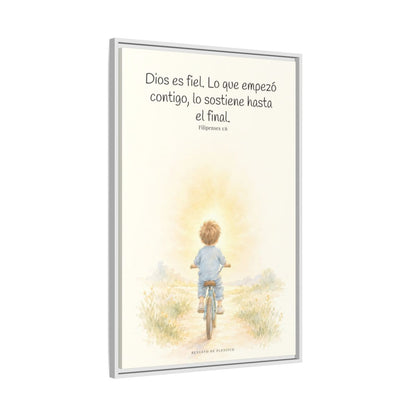 Dios es fiel y no deja a medias lo que promete | Cuadro bíblico para el hogar | Filipenses 1:6 — 24×36 pulgadas, marco blanco, vista lateral del marco flotante