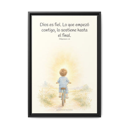Dios es fiel y no deja a medias lo que promete | Cuadro bíblico para el hogar | Filipenses 1:6 — 16×24 pulgadas, marco negro, vista frontal