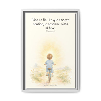Dios es fiel y no deja a medias lo que promete | Cuadro bíblico para el hogar | Filipenses 1:6 — 12×18 pulgadas, marco blanco, vista frontal