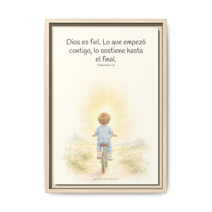 Dios es fiel y no deja a medias lo que promete | Cuadro bíblico para el hogar | Filipenses 1:6 — 12×18 pulgadas, marco natural, vista frontal