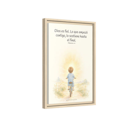 Dios es fiel y no deja a medias lo que promete | Cuadro bíblico para el hogar | Filipenses 1:6 — 12×18 pulgadas, marco natural, vista lateral del marco flotante
