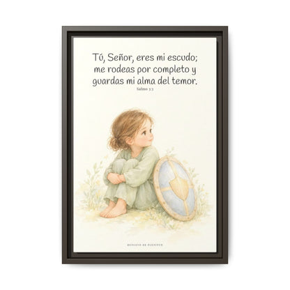 Dios es mi escudo alrededor — Lienzo Cristiano Enmarcado | Salmo 3:3 — 12×18 pulgadas, marco espresso, vista frontal