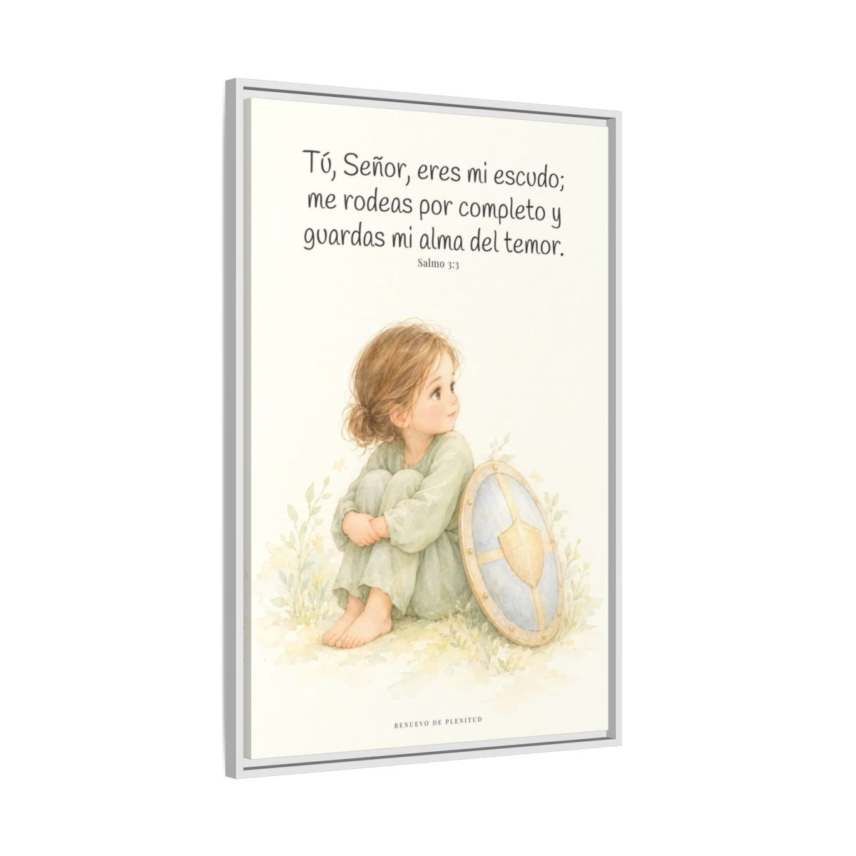 Dios es mi escudo alrededor — Lienzo Cristiano Enmarcado | Salmo 3:3 — 24×36 pulgadas, marco blanco, vista lateral del marco flotante