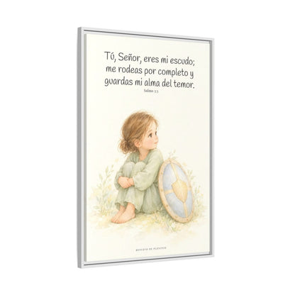 Dios es mi escudo alrededor — Lienzo Cristiano Enmarcado | Salmo 3:3 — 24×36 pulgadas, marco blanco, vista lateral del marco flotante