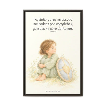 Dios es mi escudo alrededor — Lienzo Cristiano Enmarcado | Salmo 3:3 — 24×36 pulgadas, marco espresso, vista frontal
