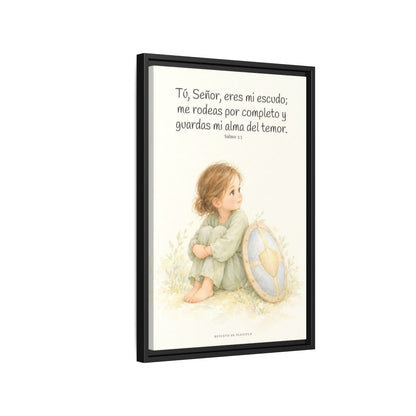 Dios es mi escudo alrededor — Lienzo Cristiano Enmarcado | Salmo 3:3 — 16×24 pulgadas, marco negro, vista lateral del marco flotante