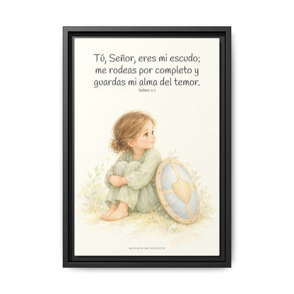 Dios es mi escudo alrededor — Lienzo Cristiano Enmarcado | Salmo 3:3 — 12×18 pulgadas, marco negro, vista frontal