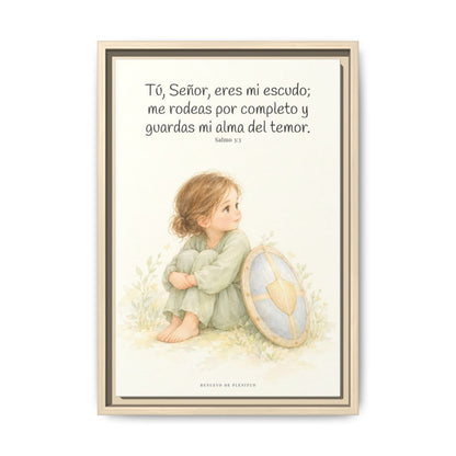 Dios es mi escudo alrededor — Lienzo Cristiano Enmarcado | Salmo 3:3 — 12×18 pulgadas, marco natural, vista frontal