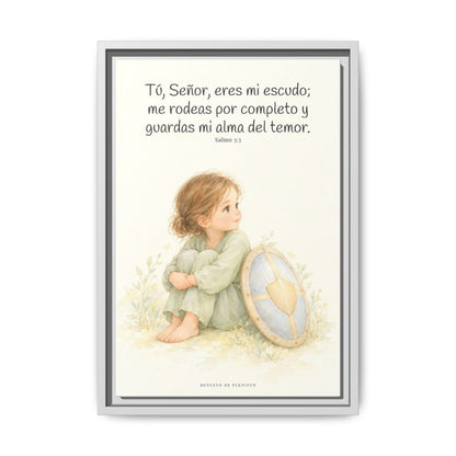 Dios es mi escudo alrededor — Lienzo Cristiano Enmarcado | Salmo 3:3 — 12×18 pulgadas, marco blanco, vista frontal