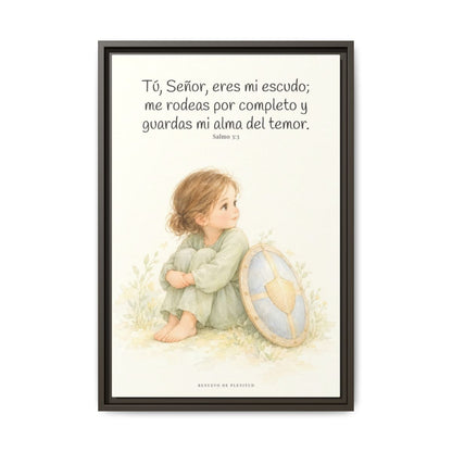 Dios es mi escudo alrededor — Lienzo Cristiano Enmarcado | Salmo 3:3 — 16×24 pulgadas, marco espresso, vista frontal
