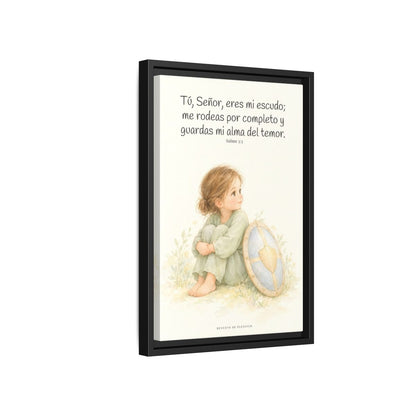 Dios es mi escudo alrededor — Lienzo Cristiano Enmarcado | Salmo 3:3 — 12×18 pulgadas, marco negro, vista lateral del marco flotante