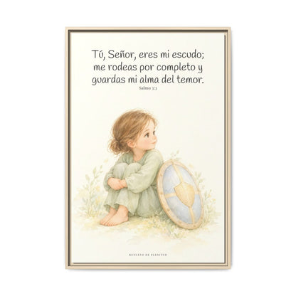Dios es mi escudo alrededor — Lienzo Cristiano Enmarcado | Salmo 3:3 — 24×36 pulgadas, marco natural, vista frontal