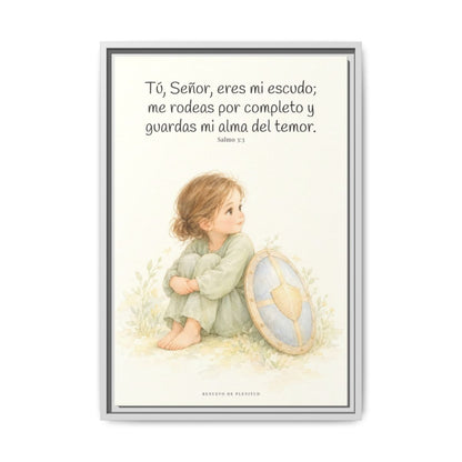 Dios es mi escudo alrededor — Lienzo Cristiano Enmarcado | Salmo 3:3 — 16×24 pulgadas, marco blanco, vista frontal