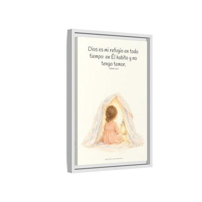 Dios es mi refugio en todo tiempo — Lienzo Cristiano Enmarcado | Salmo 62:6 — 12×18 pulgadas, marco blanco, vista lateral del marco flotante