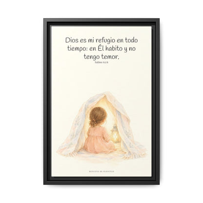 Dios es mi refugio en todo tiempo — Lienzo Cristiano Enmarcado | Salmo 62:6 — 12×18 pulgadas, marco negro, vista frontal