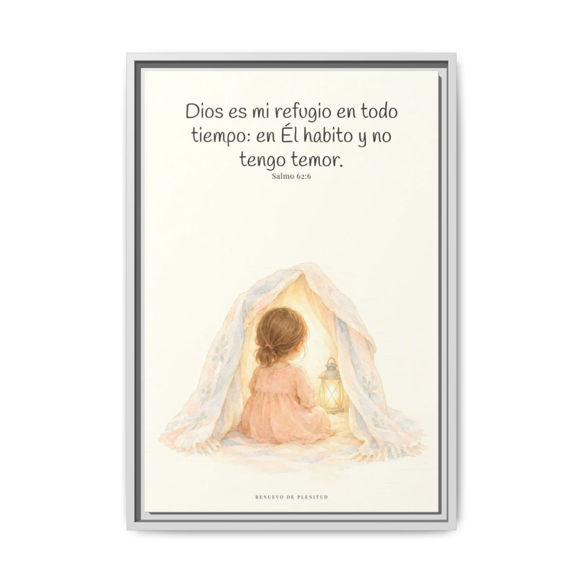 Dios es mi refugio en todo tiempo — Lienzo Cristiano Enmarcado | Salmo 62:6 — 16×24 pulgadas, marco blanco, vista frontal