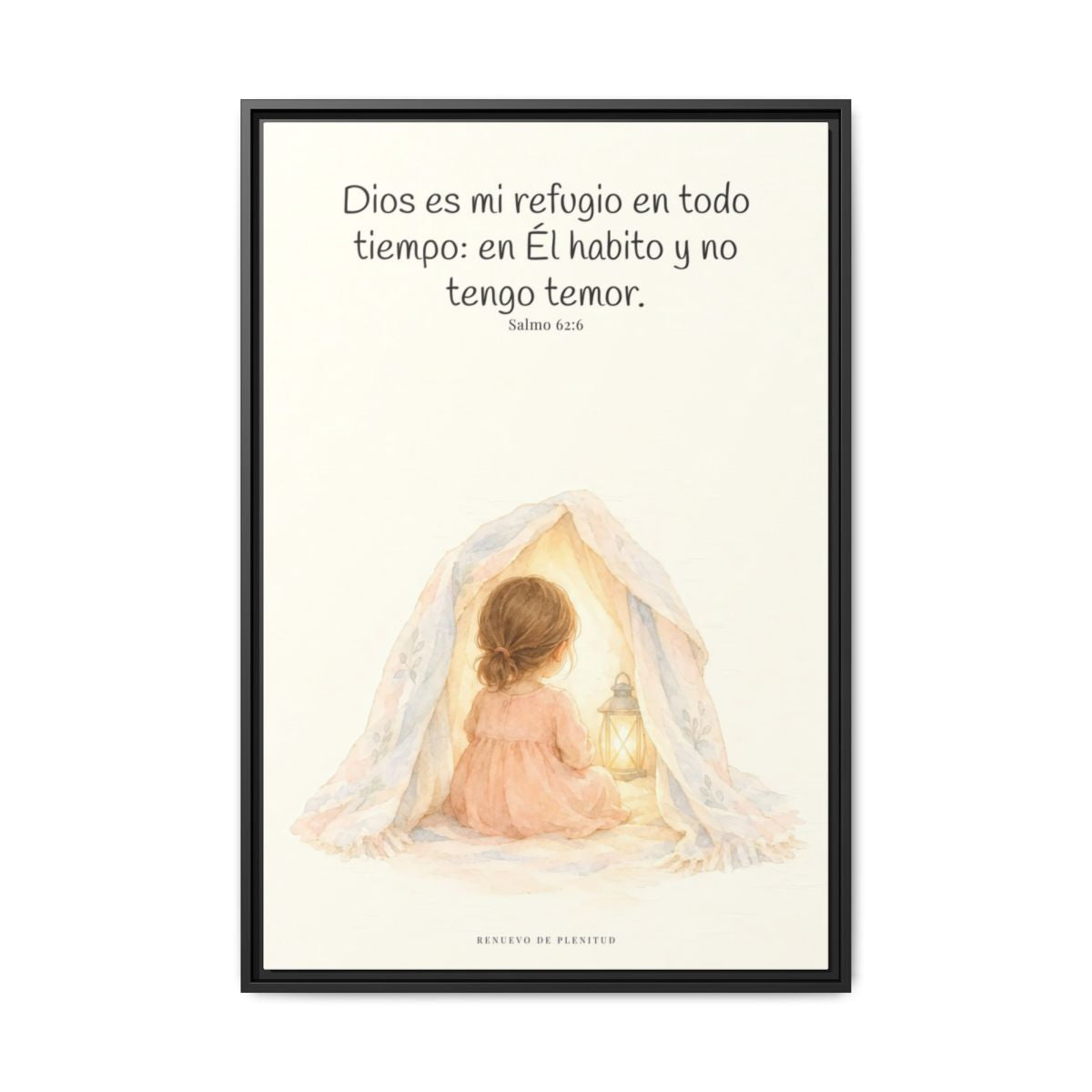 Dios es mi refugio en todo tiempo — Lienzo Cristiano Enmarcado | Salmo 62:6 — 24×36 pulgadas, marco negro, vista frontal