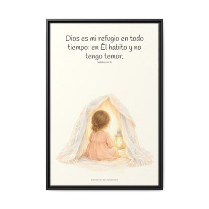 Dios es mi refugio en todo tiempo — Lienzo Cristiano Enmarcado | Salmo 62:6 — 24×36 pulgadas, marco negro, vista frontal