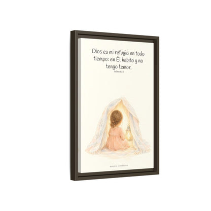 Dios es mi refugio en todo tiempo — Lienzo Cristiano Enmarcado | Salmo 62:6 — 12×18 pulgadas, marco espresso, vista lateral del marco flotante