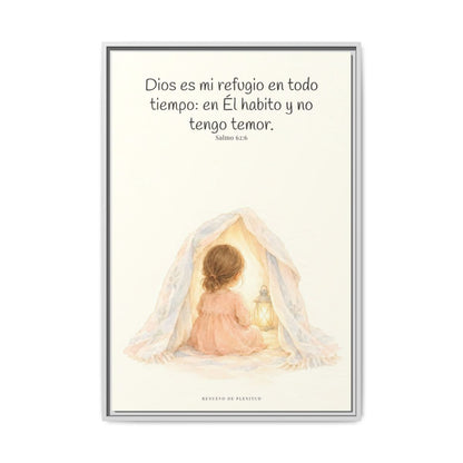 Dios es mi refugio en todo tiempo — Lienzo Cristiano Enmarcado | Salmo 62:6 — 24×36 pulgadas, marco blanco, vista frontal