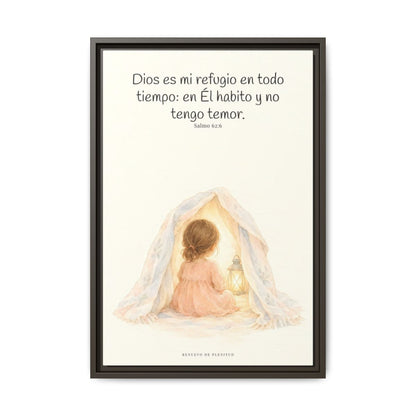 Dios es mi refugio en todo tiempo — Lienzo Cristiano Enmarcado | Salmo 62:6 — 16×24 pulgadas, marco espresso, vista frontal