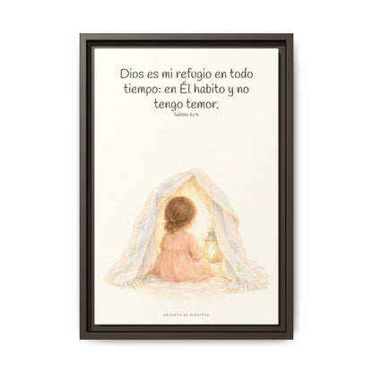 Dios es mi refugio en todo tiempo — Lienzo Cristiano Enmarcado | Salmo 62:6 — 12×18 pulgadas, marco espresso, vista frontal