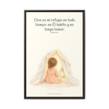 Dios es mi refugio en todo tiempo — Lienzo Cristiano Enmarcado | Salmo 62:6 — 24×36 pulgadas, marco espresso, vista frontal