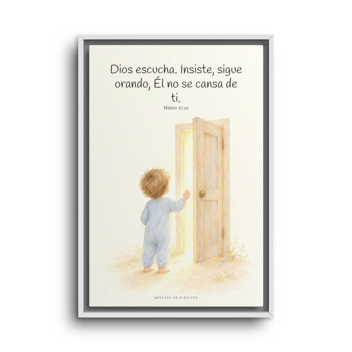 Dios escucha cada oración que le traigo | Cuadro de fe enmarcado | Mateo 17:20 — 16×24 pulgadas, marco blanco, vista frontal