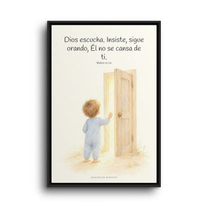 Dios escucha cada oración que le traigo | Cuadro de fe enmarcado | Mateo 17:20 — 24×36 pulgadas, marco negro, vista frontal