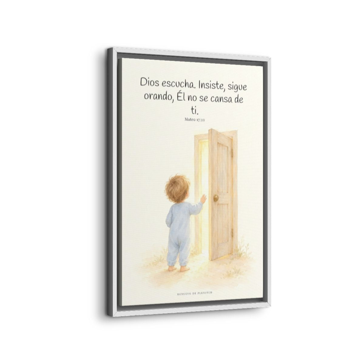 Dios escucha cada oración que le traigo | Cuadro de fe enmarcado | Mateo 17:20 — 16×24 pulgadas, marco blanco, vista lateral del marco flotante