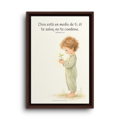 Dios está en medio de ti para salvarte | Cuadro de inspiración bíblica | Sofonías 3:17 — 12×18 pulgadas, marco espresso, vista frontal
