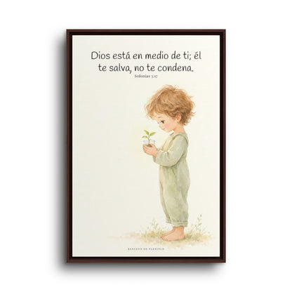 Dios está en medio de ti para salvarte | Cuadro de inspiración bíblica | Sofonías 3:17 — 24×36 pulgadas, marco espresso, vista frontal