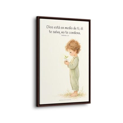 Dios está en medio de ti para salvarte | Cuadro de inspiración bíblica | Sofonías 3:17 — 24×36 pulgadas, marco espresso, vista lateral del marco flotante