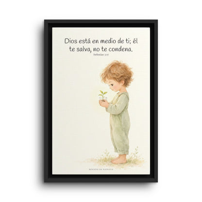 Dios está en medio de ti para salvarte | Cuadro de inspiración bíblica | Sofonías 3:17 — 12×18 pulgadas, marco negro, vista frontal