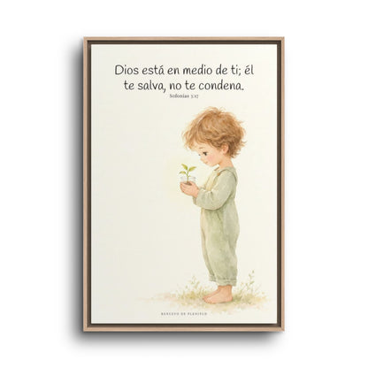 Dios está en medio de ti para salvarte | Cuadro de inspiración bíblica | Sofonías 3:17 — 24×36 pulgadas, marco natural, vista frontal