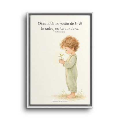 Dios está en medio de ti para salvarte | Cuadro de inspiración bíblica | Sofonías 3:17 — 16×24 pulgadas, marco blanco, vista frontal