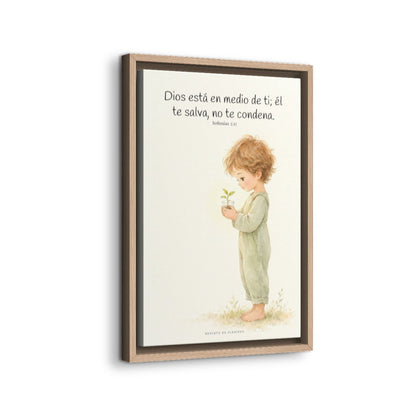 Dios está en medio de ti para salvarte | Cuadro de inspiración bíblica | Sofonías 3:17 — 12×18 pulgadas, marco natural, vista lateral del marco flotante