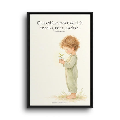 Dios está en medio de ti para salvarte | Cuadro de inspiración bíblica | Sofonías 3:17 — 24×36 pulgadas, marco negro, vista frontal