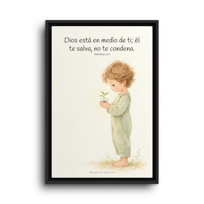 Dios está en medio de ti para salvarte | Cuadro de inspiración bíblica | Sofonías 3:17 — 16×24 pulgadas, marco negro, vista frontal