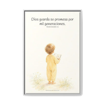 Dios guarda su pacto por mil generaciones — Lienzo Cristiano Enmarcado | Deuteronomio 7:9 — 24×36 pulgadas, marco blanco, vista frontal