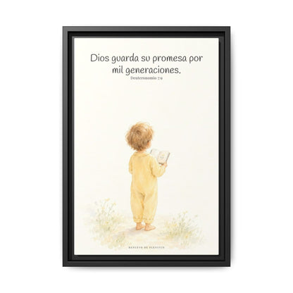 Dios guarda su pacto por mil generaciones — Lienzo Cristiano Enmarcado | Deuteronomio 7:9 — 12×18 pulgadas, marco negro, vista frontal